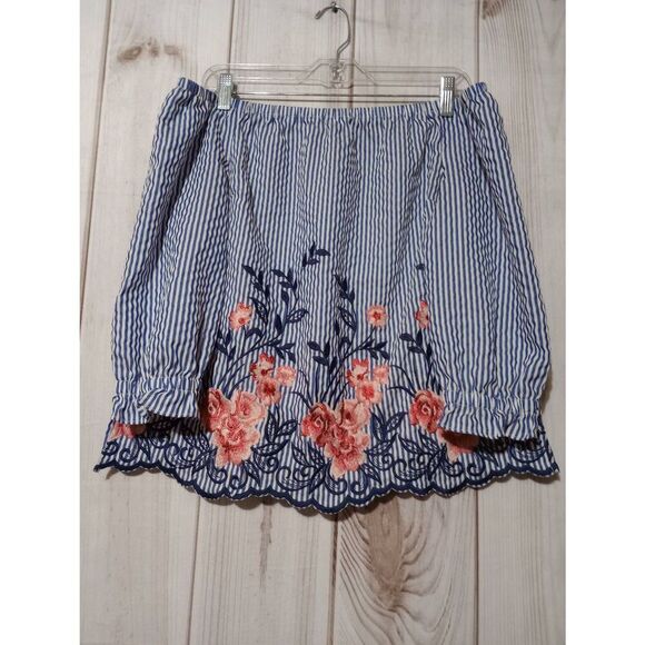 Elle Shirt Ladies Medium Blue Coral Floral‎ Off The Shoulder - Picture 1 of 9